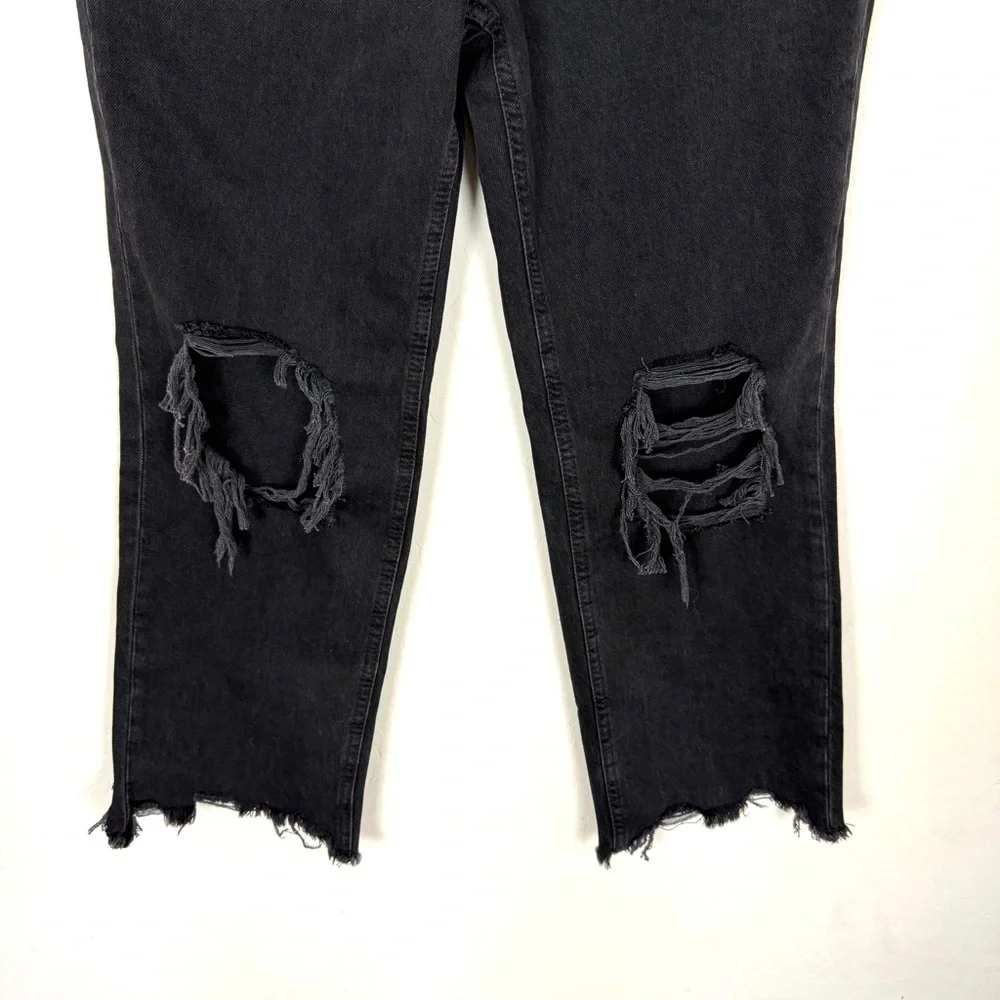 FREE PEOPLE Maggie Mid Rise Washed Black Distressed Straight Leg Cropped Jeans
